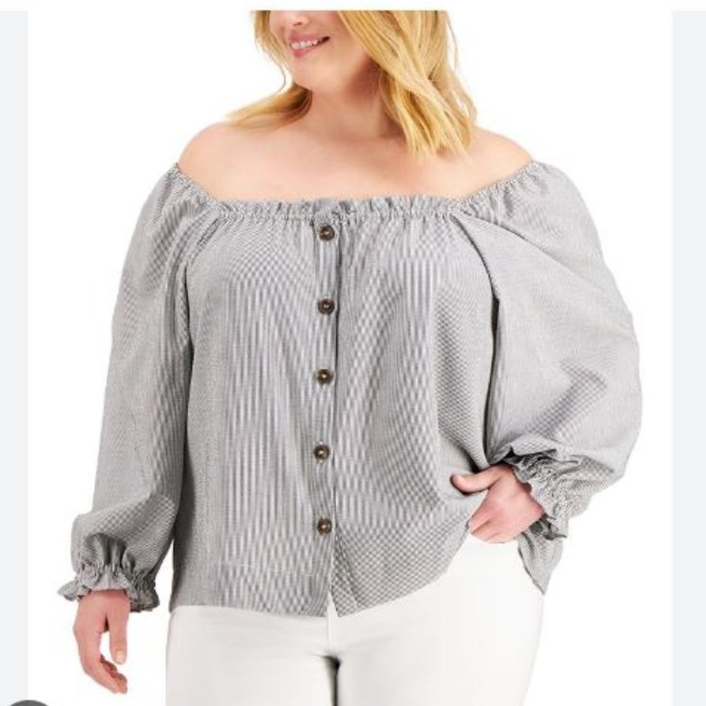 CALVIN KLEIN Striped Off-The-Shoulder Button Top Sleek stripes and dramatic ball